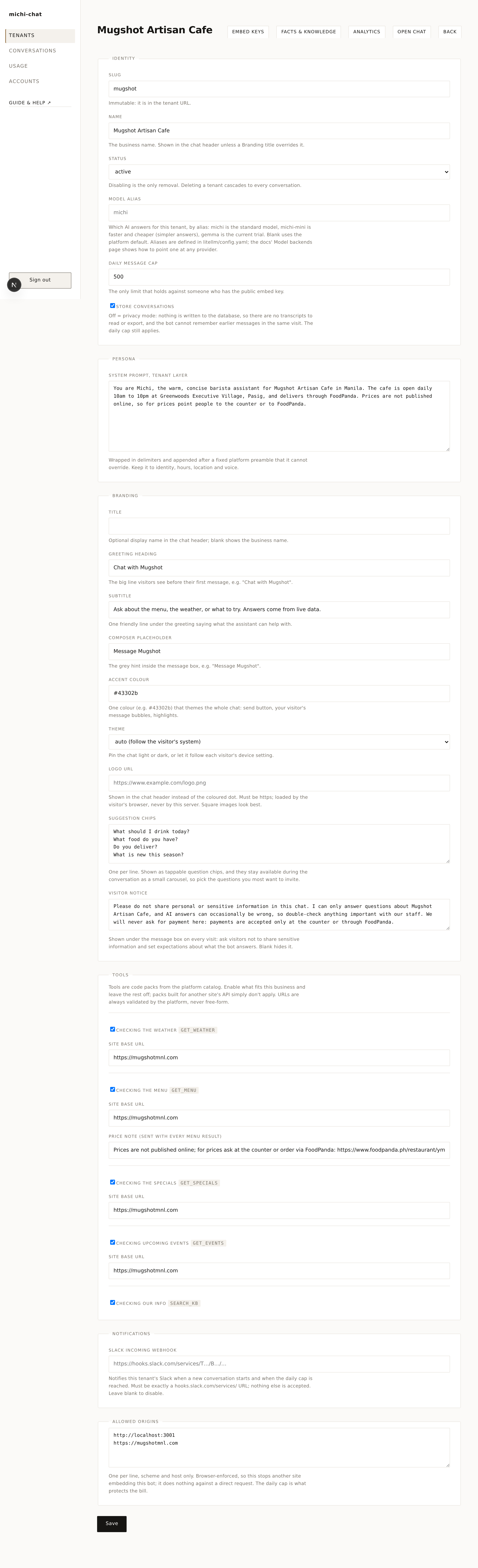 The tenant settings form